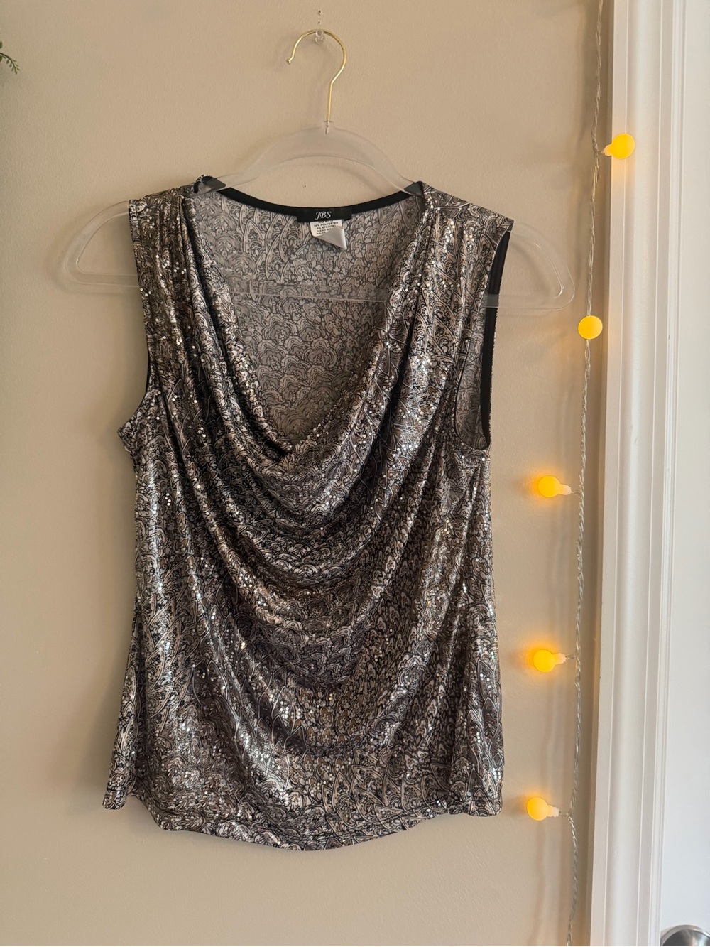 Sequined Cowl Neck Tank Top in Silver - 2B Bebe